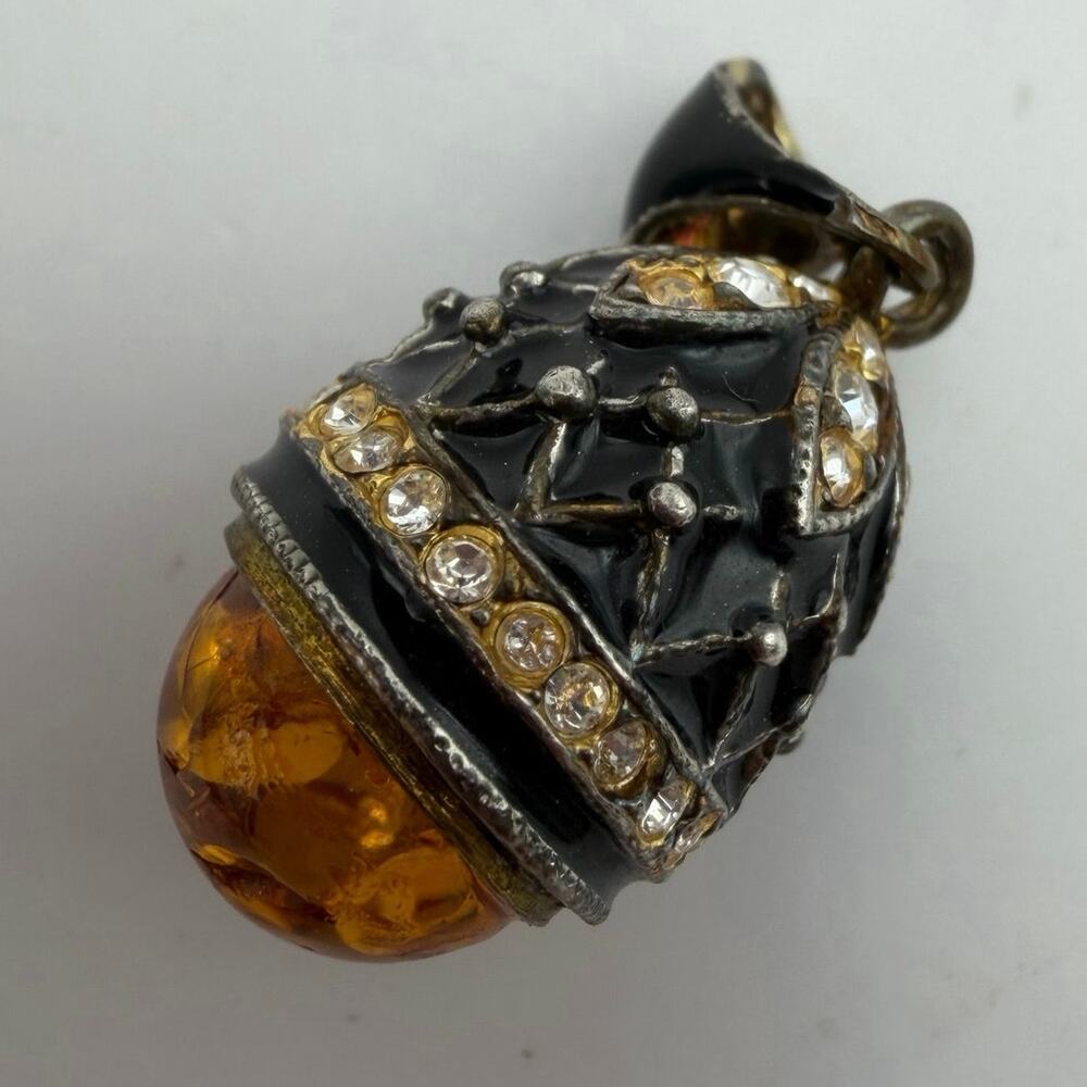 Vintage Egg Pendant Sterling Silver 925 Black Enamel Rhinestones Amber Cabochon